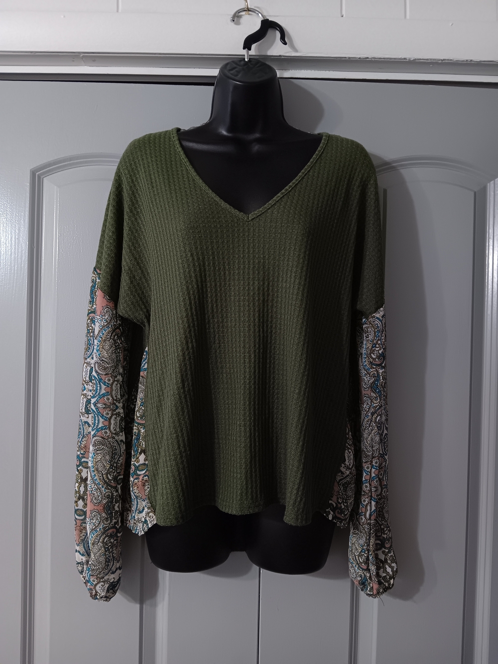Polly & Esther Olive Waffle V-Neck Top with Paisley Print Sleeves